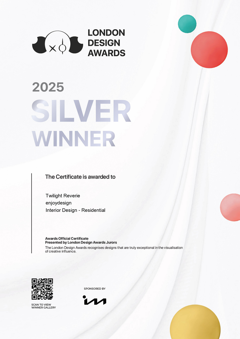 柒享設計 London Design Awards 競賽獲獎證書