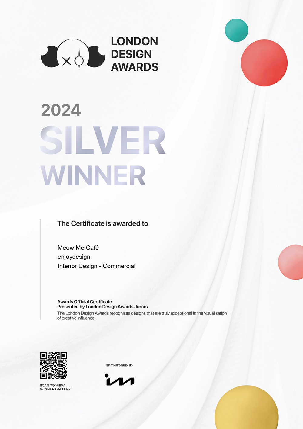 柒享設計 London Design Awards  競賽獲獎證書